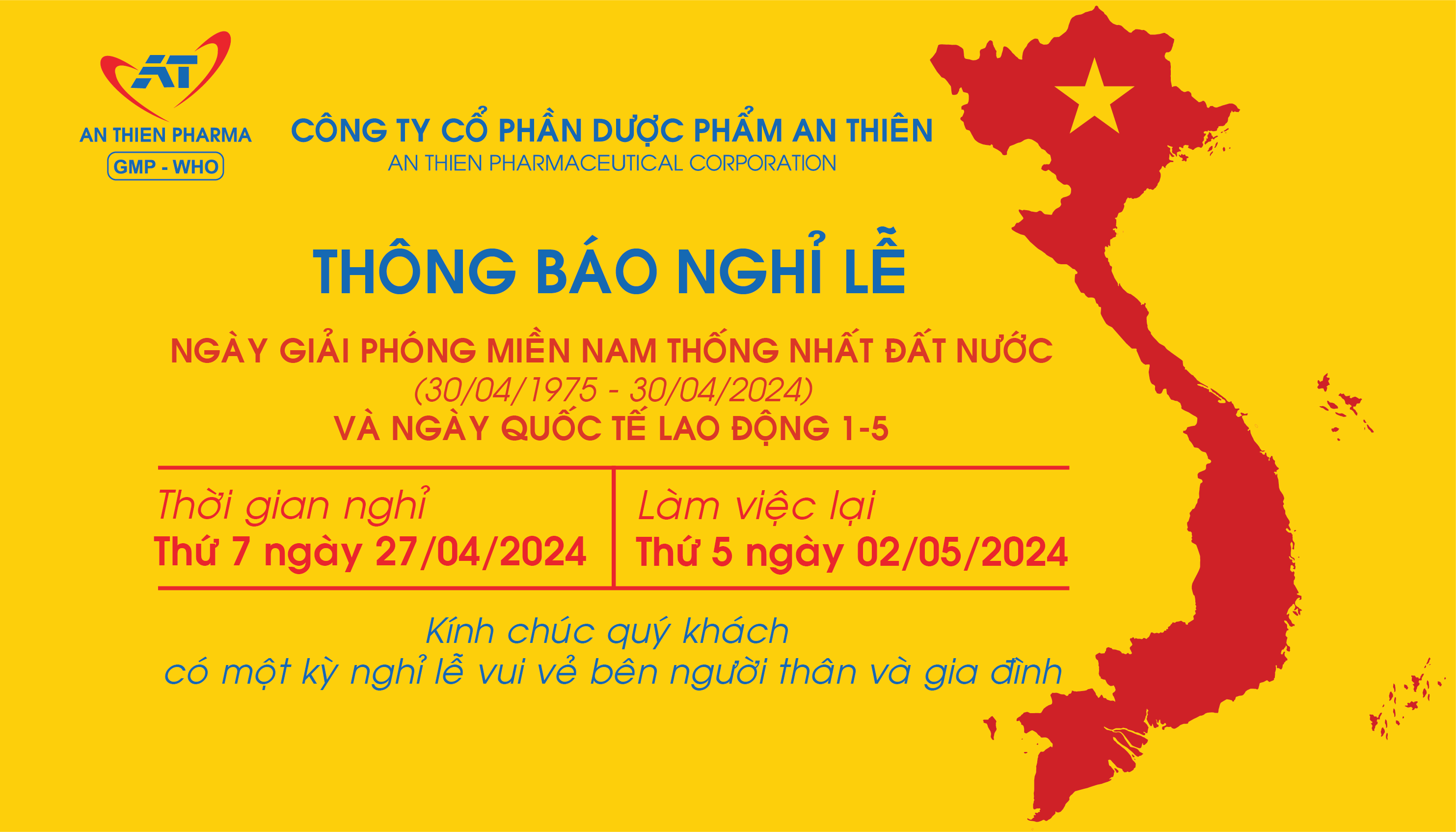 THÔNG BÁO NGHỈ LỄ 30/04 - 01/05/2024