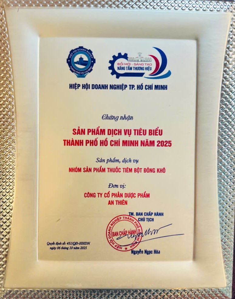 Công ty Dược phẩm An Thiên vinh dự nhận chứng nhận “Sản phẩm, Dịch vụ tiêu biểu TP.HCM năm 2025”