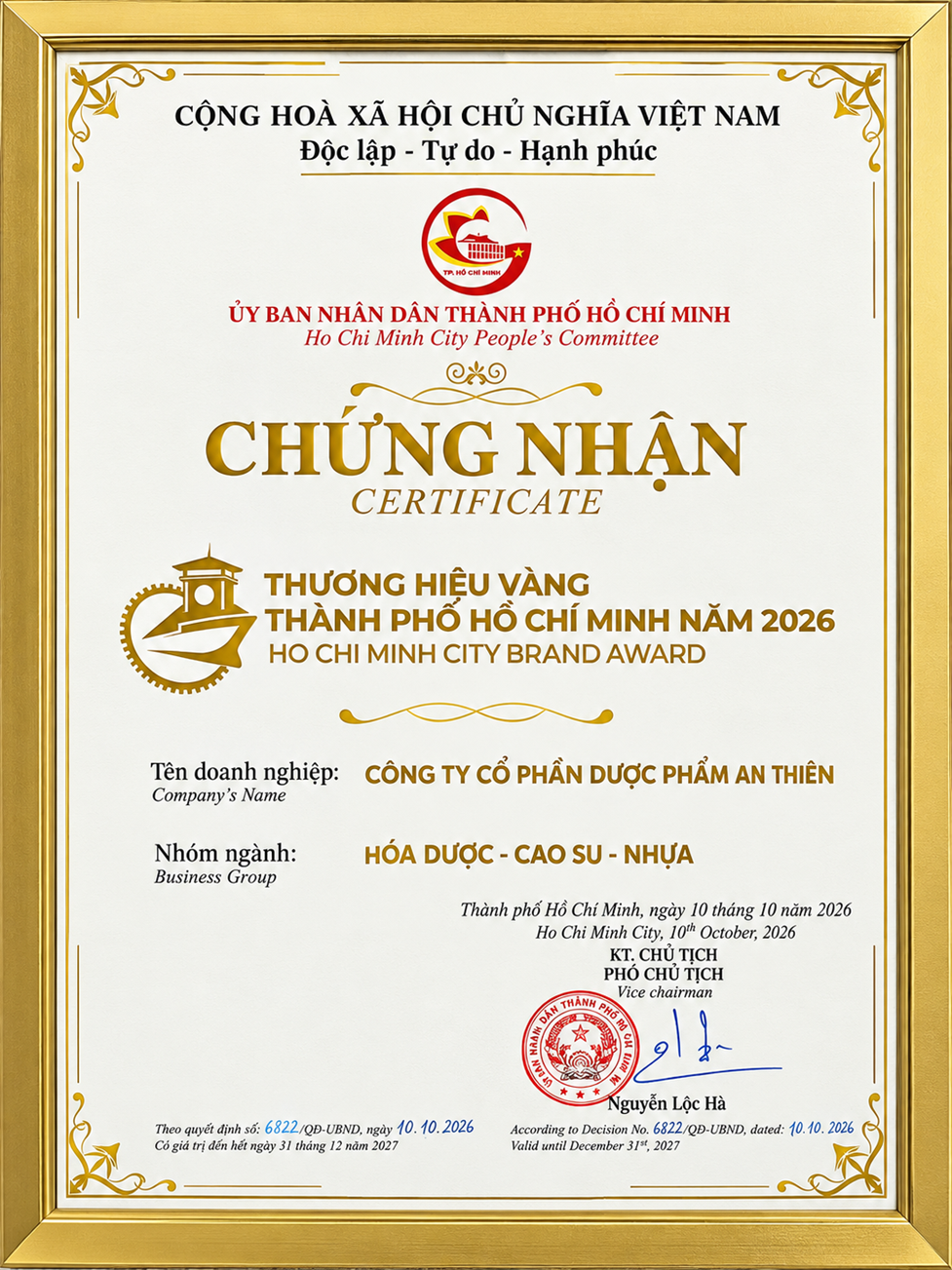Dược phẩm An Thiên vinh dự đạt chứng nhận Thương hiệu Vàng TP.HCM năm 2026