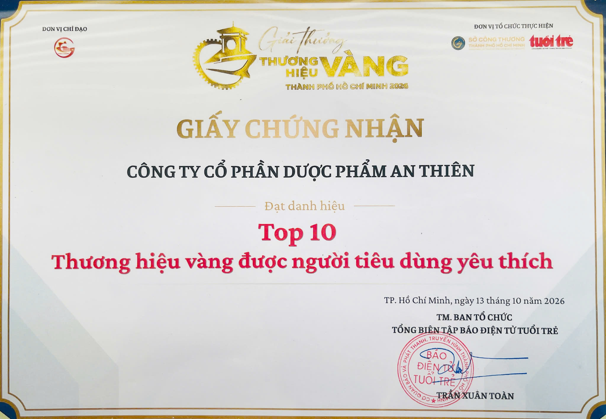 Dược phẩm An Thiên top 10 Doanh nghiệp được yêu thích tại giải thưởng Thương hiệu Vàng TP.HCM năm 2026